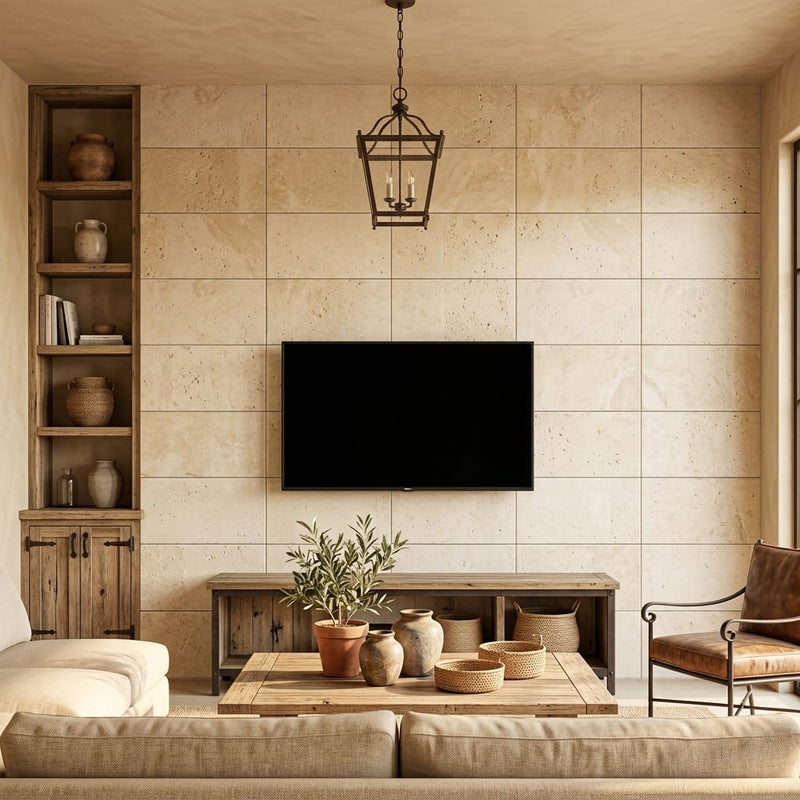 Ivory Cordoba Cream Travertine Tumbled 12 x 24 x 1/2 Cross Cut Tile 12x24 — Living Room feature wall