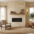 Ivory Cordoba Cream Travertine Tumbled 12 x 24 x 1/2 Cross Cut Tile 12x24 — Living Room fireplace surround