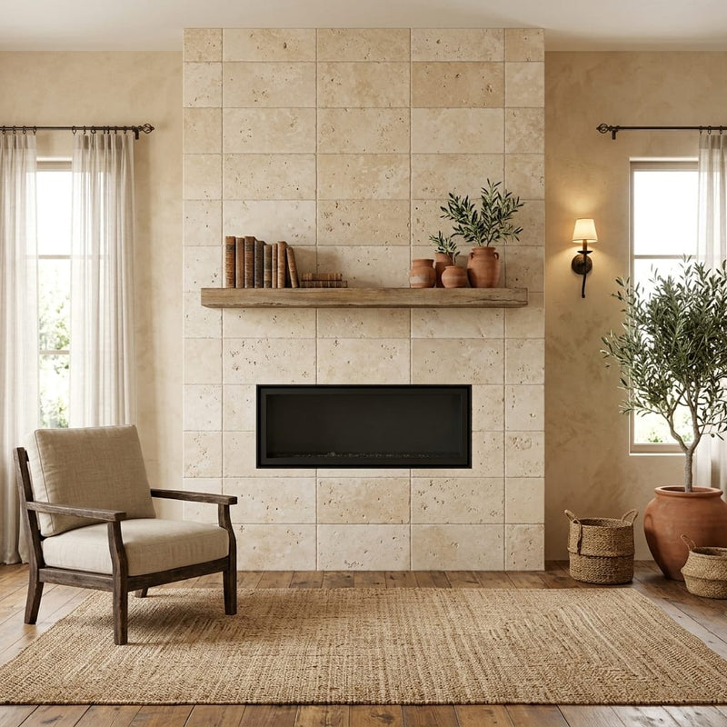 Ivory Cordoba Cream Travertine Tumbled 12 x 24 x 1/2 Cross Cut Tile 12x24 — Living Room fireplace surround
