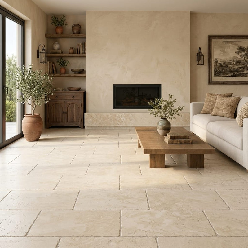 Ivory Cordoba Cream Travertine Tumbled 12 x 24 x 1/2 Cross Cut Tile 12x24 — Living Room floor