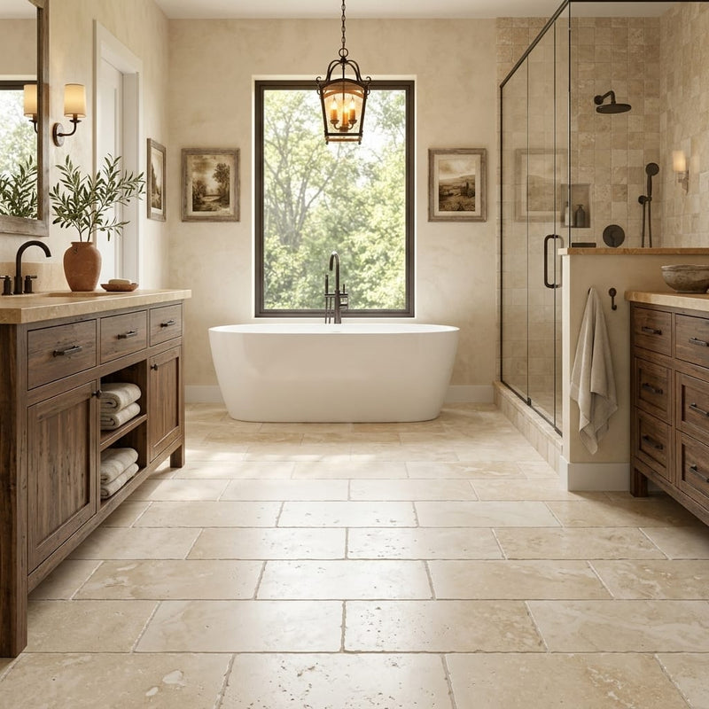 Ivory Cordoba Cream Travertine Tumbled 12 x 24 x 1/2 Cross Cut Tile 12x24 — Primary Bath floor