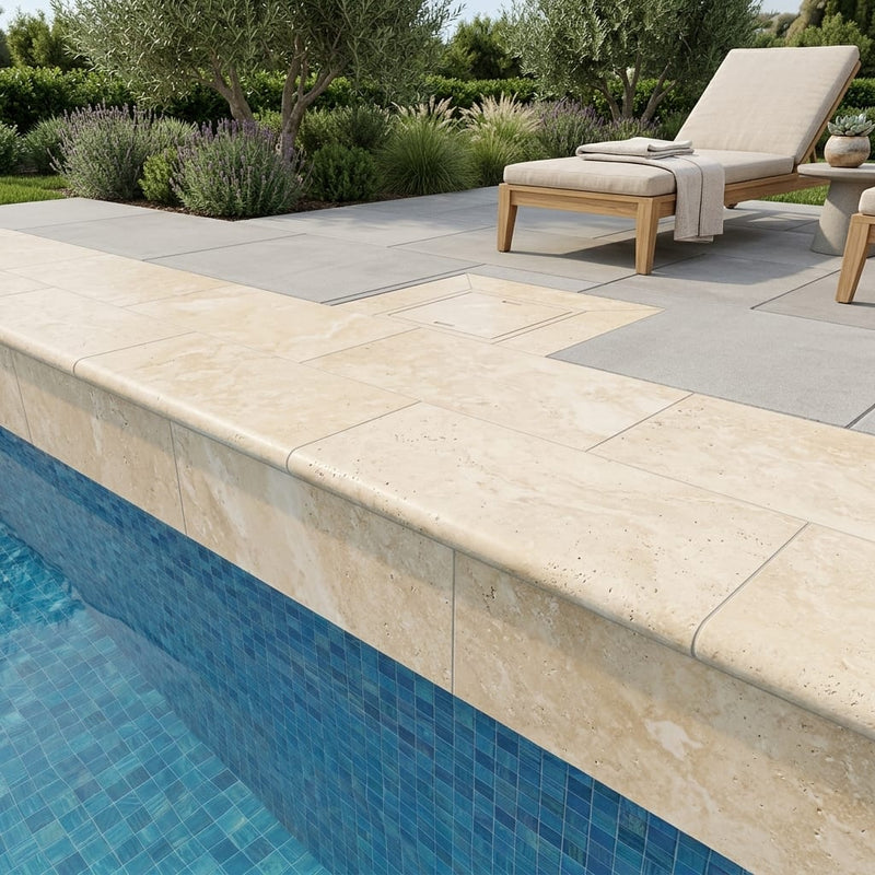 Ivory Cordoba Cream Travertine Tumbled 12 x 24 x 1.25 Bullnose Coping 12x24 pool coping — Swimming Pool remodel pool edge