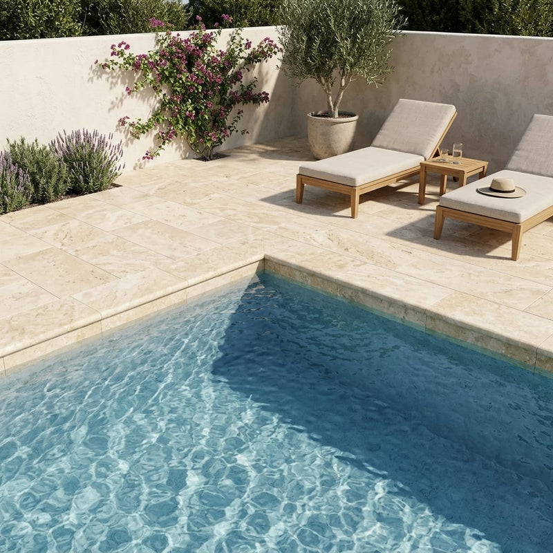 Ivory Cordoba Cream Travertine Tumbled 12 x 24 x 1.25 Double Bullnose Coping 12x24 pool coping — Swimming Pool pool edge drop-face coping
