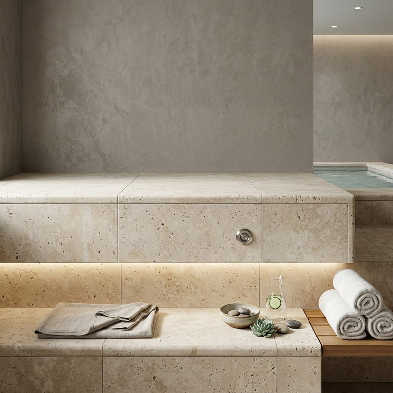 Ivory Cordoba Cream Travertine Tumbled 12 x 24 x 2 Double Bullnose Coping 12x24 pool coping — Spa spa overhang edge