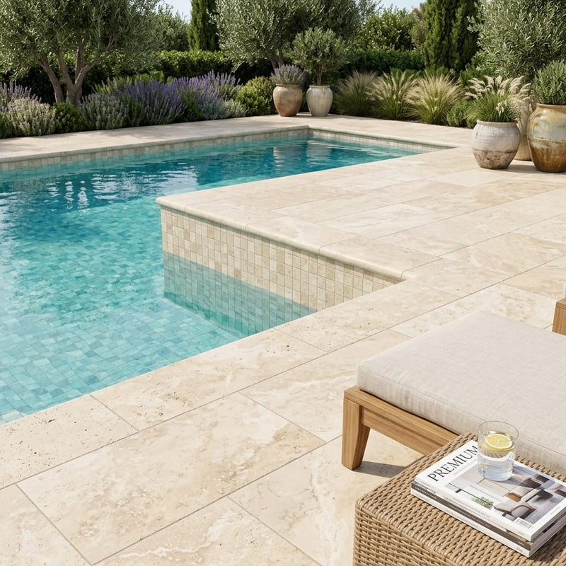 Ivory Cordoba Cream Travertine Tumbled 12 x 24 x 2 Double Bullnose Coping 12x24 pool coping — Swimming Pool pool edge drop-face coping