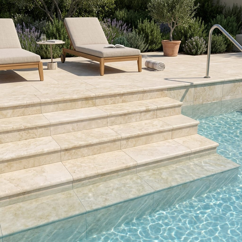 Ivory Cordoba Cream Travertine Tumbled 12 x 24 x 2 Double Modern Coping 12x24 pool coping — Swimming Pool pool step edge