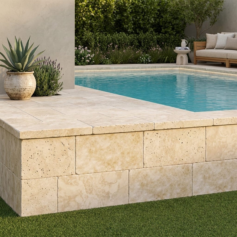 Ivory Cordoba Cream Travertine Tumbled 12 x 24 x 2 Double Modern Coping 12x24 pool coping — Swimming Pool raised bond beam cap
