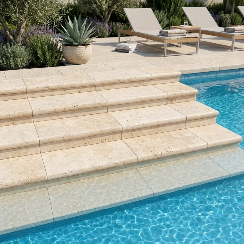 Ivory Cordoba Cream Travertine Tumbled 12 x 24 x 2 Modern Coping 12x24 pool coping — Swimming Pool pool step edge