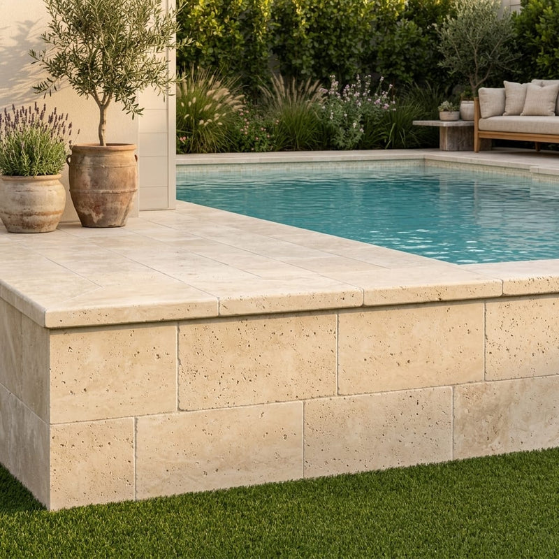 Ivory Cordoba Cream Travertine Tumbled 12 x 24 x 2 Modern Coping 12x24 pool coping — Swimming Pool raised bond beam cap
