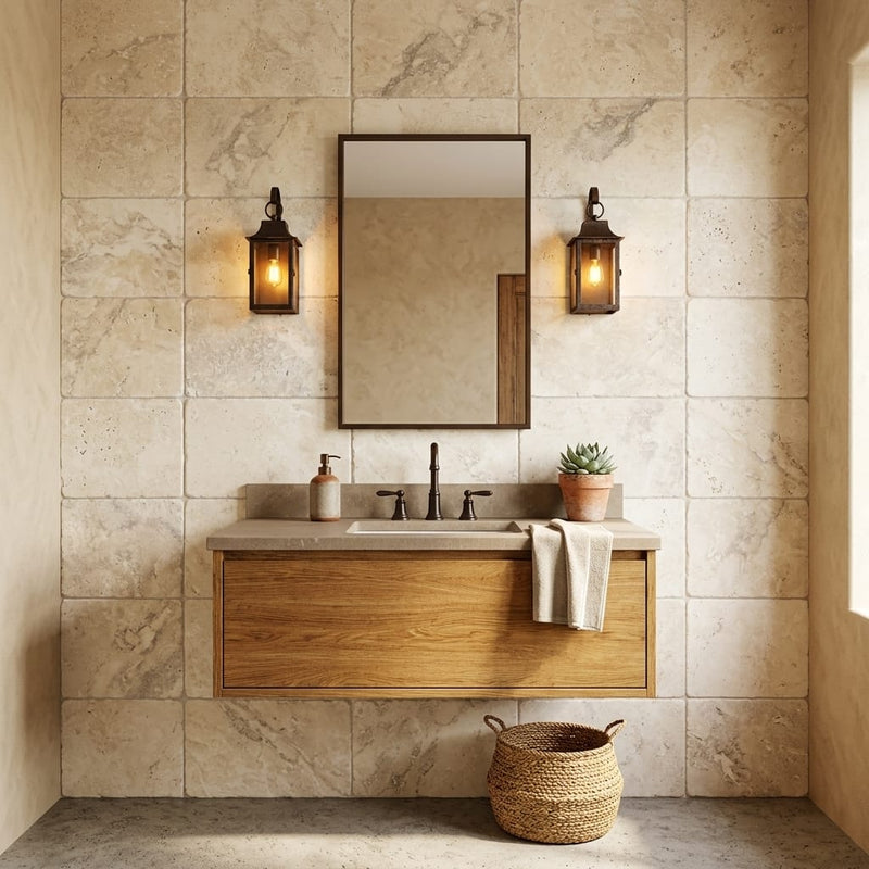 Ivory Cordoba Cream Travertine Tumbled 16 x 24 x 1/2 Cross Cut Tile 16x24 — Bathroom vanity wall