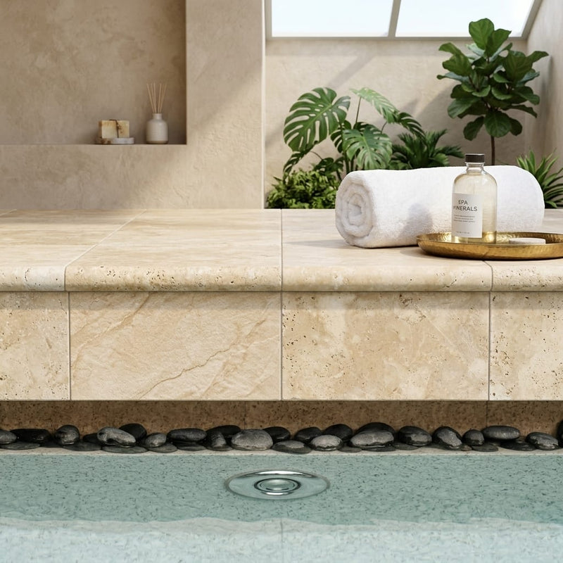 Ivory Cordoba Cream Travertine Tumbled 16 x 24 x 1.25 Bullnose Coping 16x24 pool coping — Spa spa overhang edge