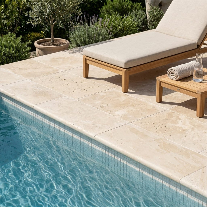 Ivory Cordoba Cream Travertine Tumbled 16 x 24 x 1.25 Bullnose Coping 16x24 pool coping — Swimming Pool pool edge drop-face coping