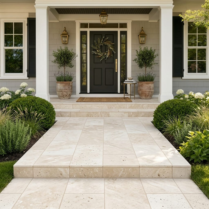 Ivory Cordoba Cream Travertine Tumbled 16 x 24 x 1.25 Paver 16x24 — Front Yard front porch