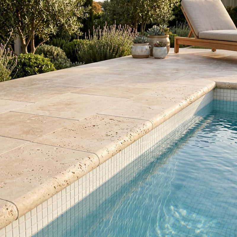 Ivory Cordoba Cream Travertine Tumbled 16 x 24 x 2 Bullnose Coping 16x24 pool coping — Swimming Pool pool edge drop-face coping
