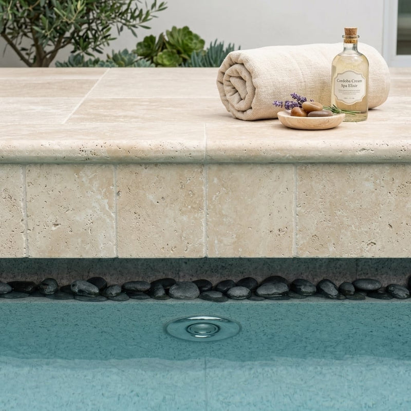 Ivory Cordoba Cream Travertine Tumbled 16 x 24 x 2 Double Bullnose Coping 16x24 pool coping — Spa spa overhang edge