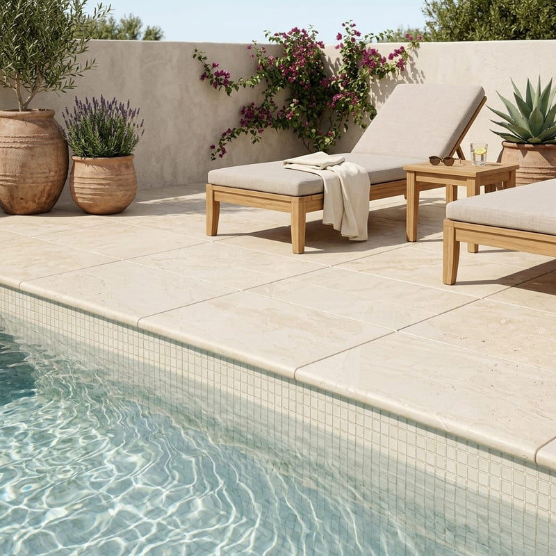 Ivory Cordoba Cream Travertine Tumbled 16 x 24 x 2 Double Bullnose Coping 16x24 pool coping — Swimming Pool pool edge drop-face coping