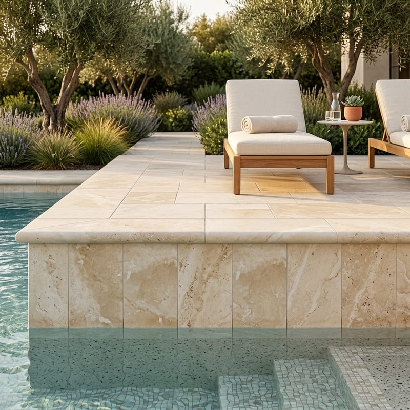 Ivory Cordoba Cream Travertine Tumbled 16 x 24 x 2 Double Bullnose Coping 16x24 pool coping — Swimming Pool remodel pool edge