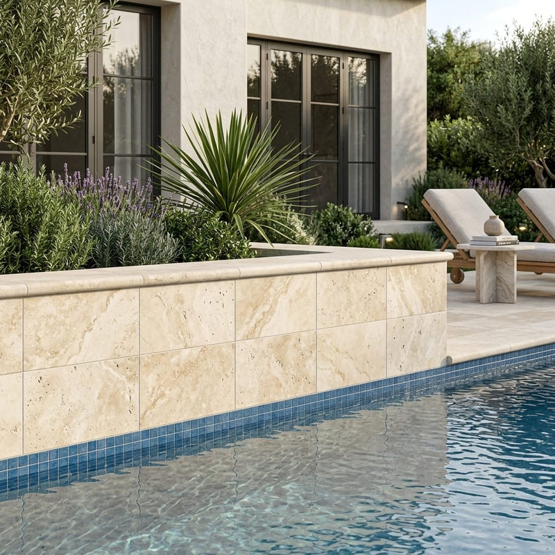 Ivory Cordoba Cream Travertine Tumbled 16 x 24 x 2 Double Modern Coping 16x24 pool coping — Swimming Pool raised bond beam cap