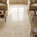 Ivory Cordoba Cream Travertine Tumbled 18 x 18 x 1/2 Cross Cut Tile 18x18 — Family Room floor