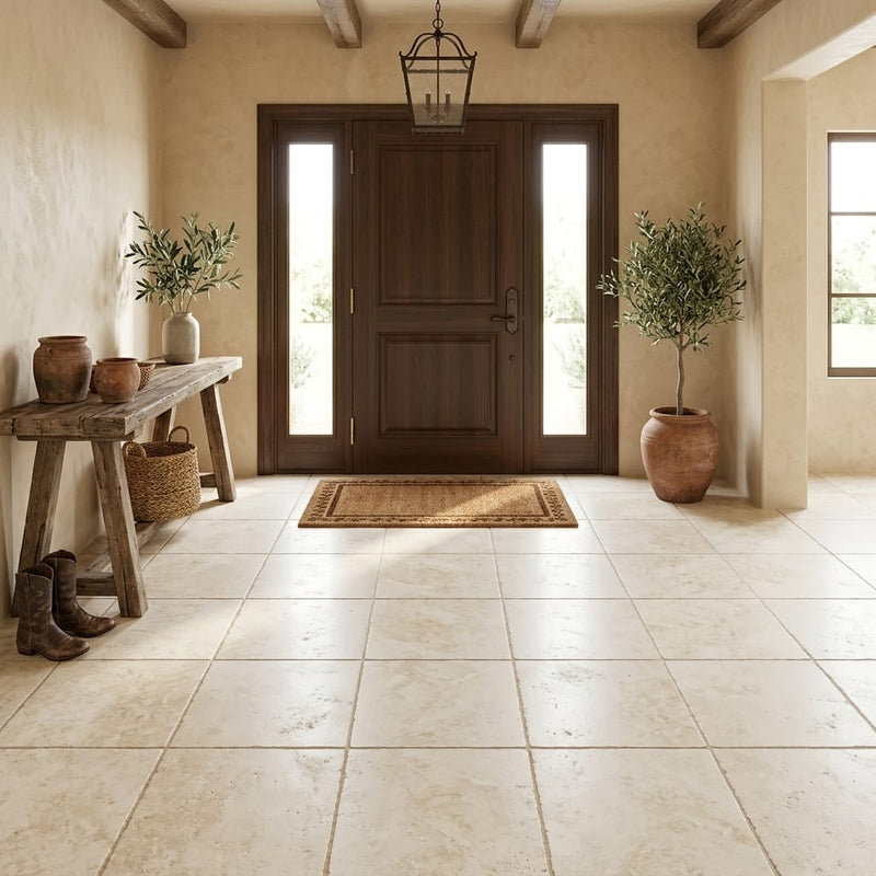Ivory Cordoba Cream Travertine Tumbled 18 x 18 x 1/2 Cross Cut Tile 18x18 — Foyer floor