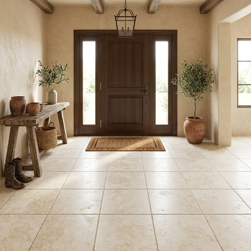 Ivory Cordoba Cream Travertine Tumbled 18 x 18 x 1/2 Cross Cut Tile 18x18 — Foyer floor