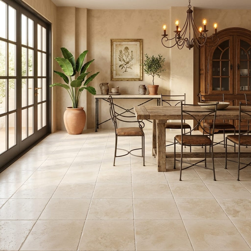 Ivory Cordoba Cream Travertine Tumbled 18 x 18 x 1/2 Cross Cut Tile 18x18 — Living Room floor