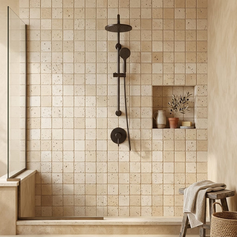 Ivory Cordoba Cream Travertine Tumbled 2 x 2 Mosaic 2x2 — Bathroom shower wall
