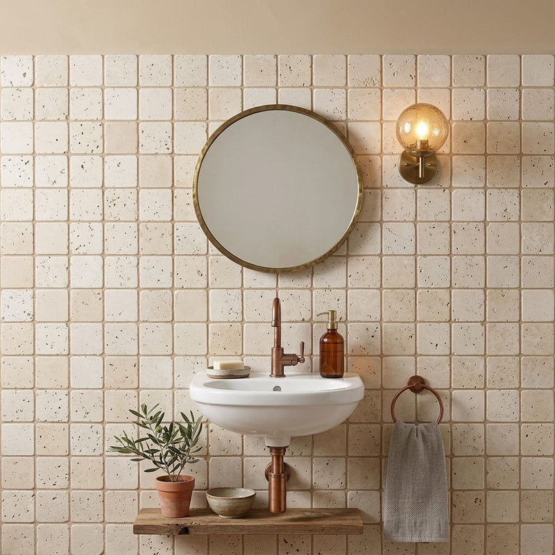 Ivory Cordoba Cream Travertine Tumbled 2 x 2 Mosaic 2x2 — Powder Room wall