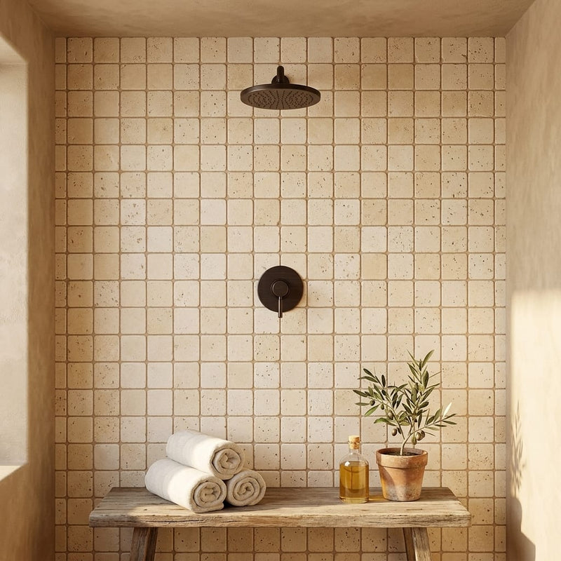 Ivory Cordoba Cream Travertine Tumbled 2 x 2 Mosaic 2x2 — Spa spa interior
