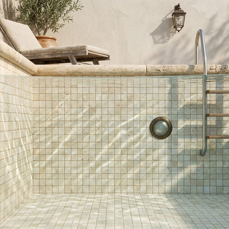Ivory Cordoba Cream Travertine Tumbled 2 x 2 Mosaic 2x2 — Swimming Pool pool interior tiling