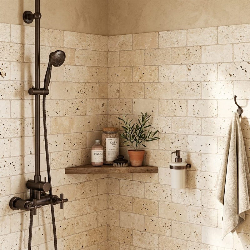 Ivory Cordoba Cream Travertine Tumbled 3 x 6 x 3/8 Cross Cut Tile 3x6 — Bathroom shower wall