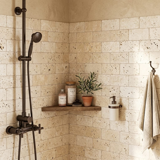 Ivory Cordoba Cream Travertine Tumbled 3 x 6 x 3/8 Cross Cut Tile 3x6 — Bathroom shower wall