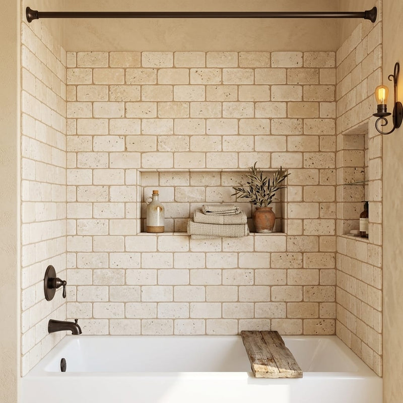 Ivory Cordoba Cream Travertine Tumbled 3 x 6 x 3/8 Cross Cut Tile 3x6 — Bathroom tub surround