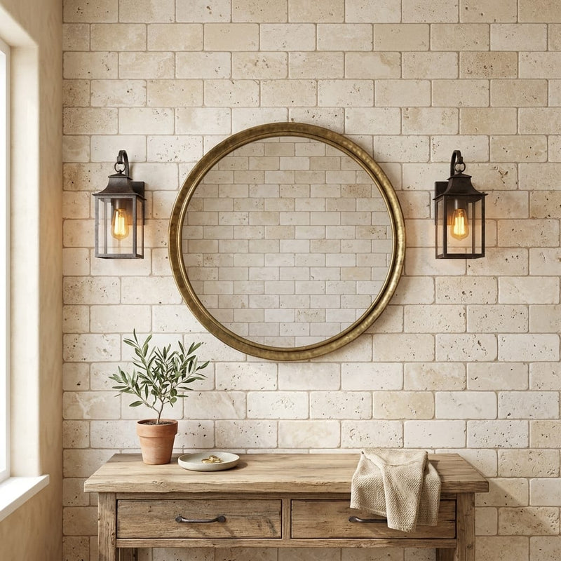 Ivory Cordoba Cream Travertine Tumbled 3 x 6 x 3/8 Cross Cut Tile 3x6 — Bathroom wall