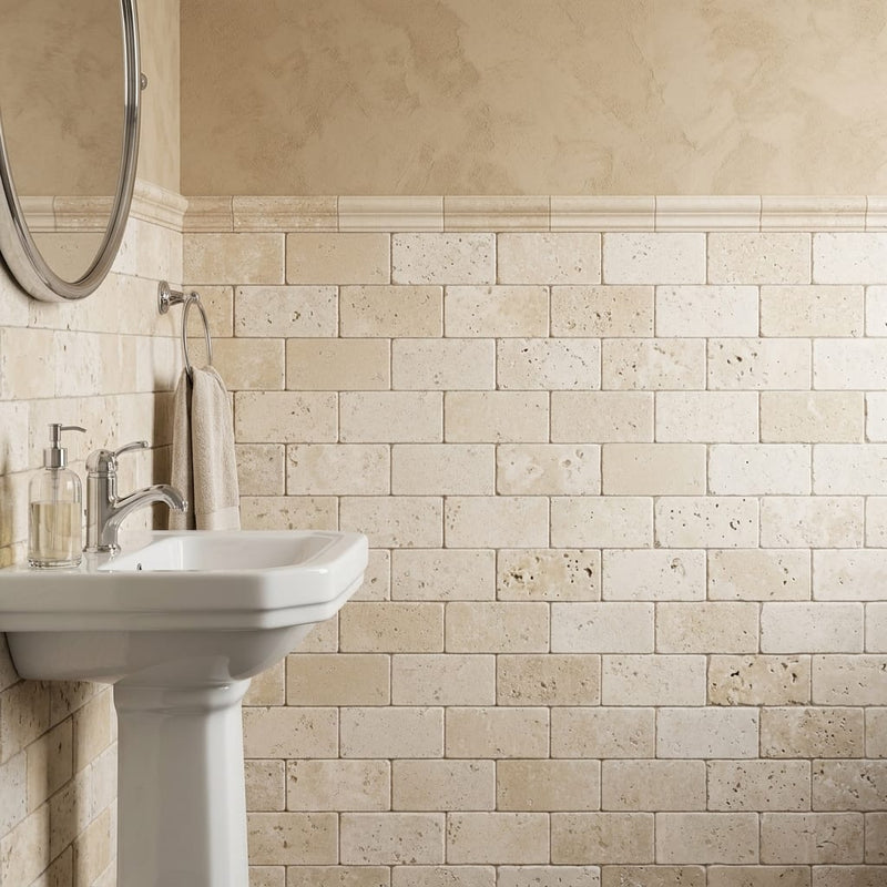 Ivory Cordoba Cream Travertine Tumbled 3 x 6 x 3/8 Cross Cut Tile 3x6 — Powder Room wainscot