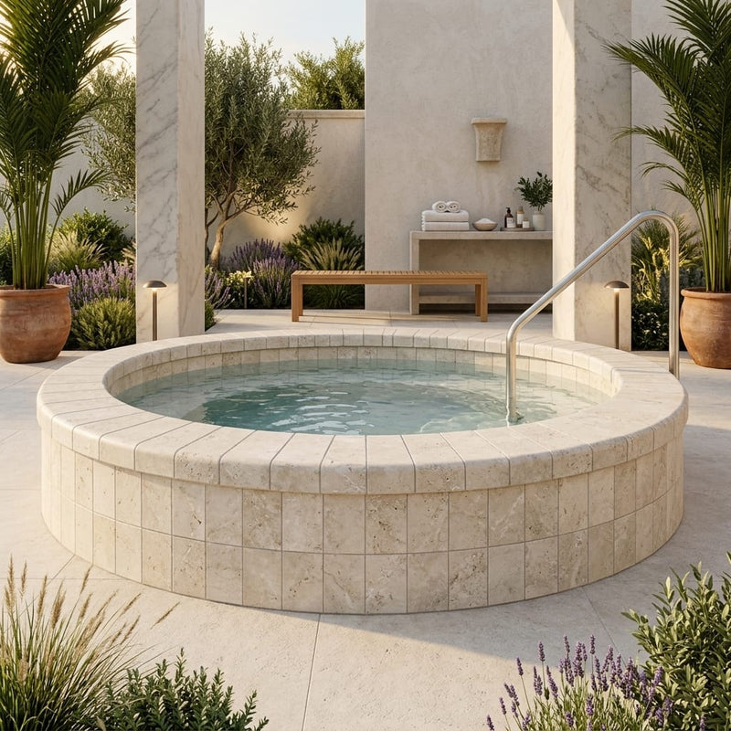 Ivory Cordoba Cream Travertine Tumbled 4 x 12 x 2 Bullnose Coping 4x12 pool coping — Spa spa overhang edge