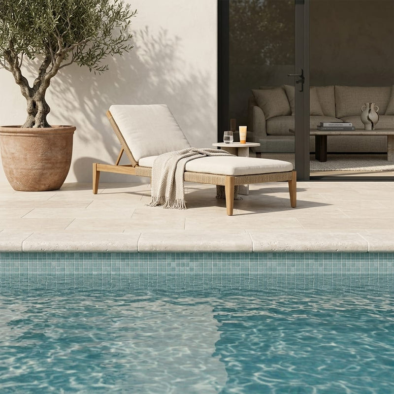 Ivory Cordoba Cream Travertine Tumbled 4 x 12 x 2 Bullnose Coping 4x12 pool coping — Swimming Pool pool edge drop-face coping
