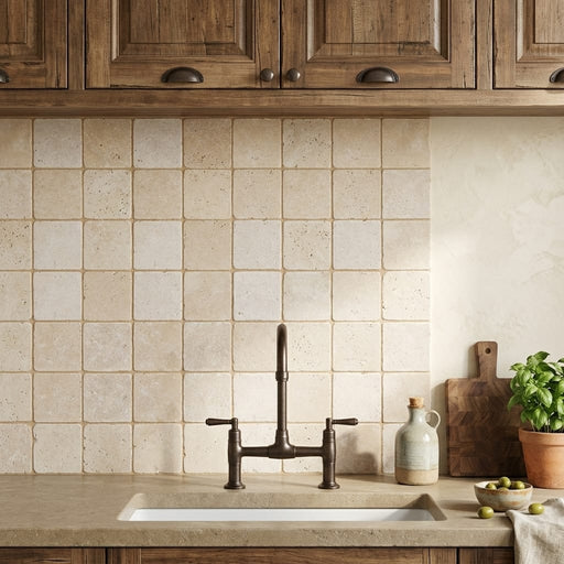 Ivory Cordoba Cream Travertine Tumbled 4 x 4 x 3/8 Cross Cut Tile 4x4 — Kitchen backsplash