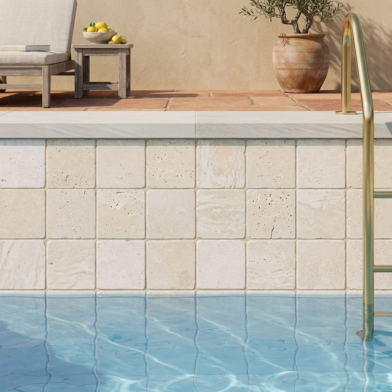 Ivory Cordoba Cream Travertine Tumbled 4 x 4 x 3/8 Cross Cut Tile 4x4 — Swimming Pool waterline