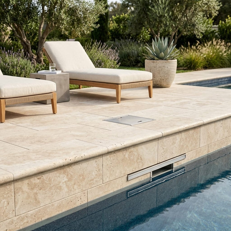 Ivory Cordoba Cream Travertine Tumbled 6 x 12 x 1.25 Bullnose Coping 6x12 pool coping — Swimming Pool remodel pool edge