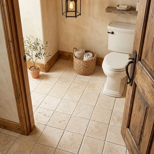 Ivory Cordoba Cream Travertine Tumbled 6 x 6 x 3/8 Cross Cut Tile 6x6 — Bathroom floor