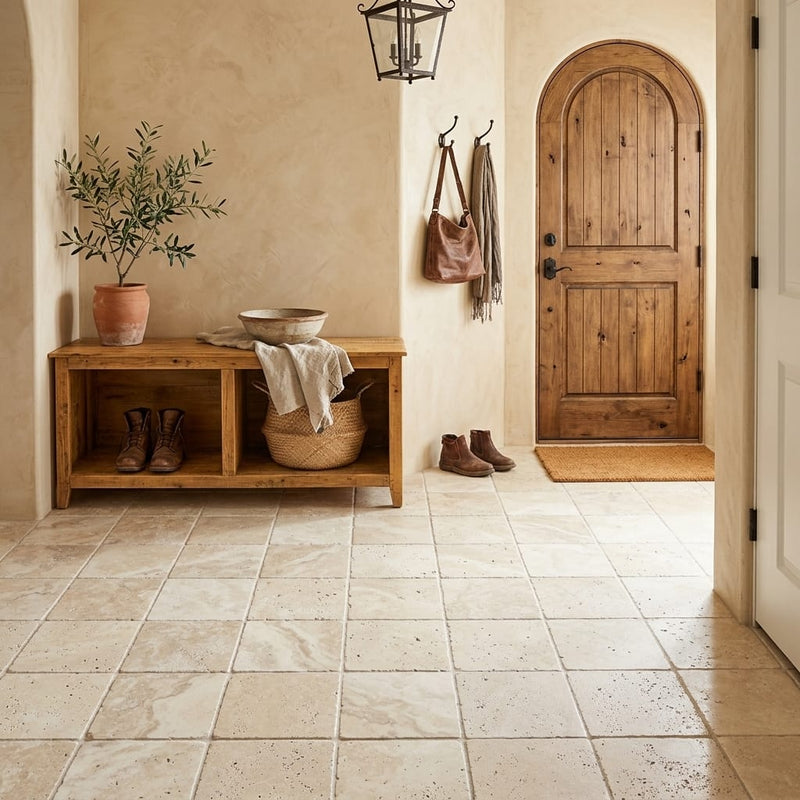 Ivory Cordoba Cream Travertine Tumbled 6 x 6 x 3/8 Cross Cut Tile 6x6 — Mudroom floor