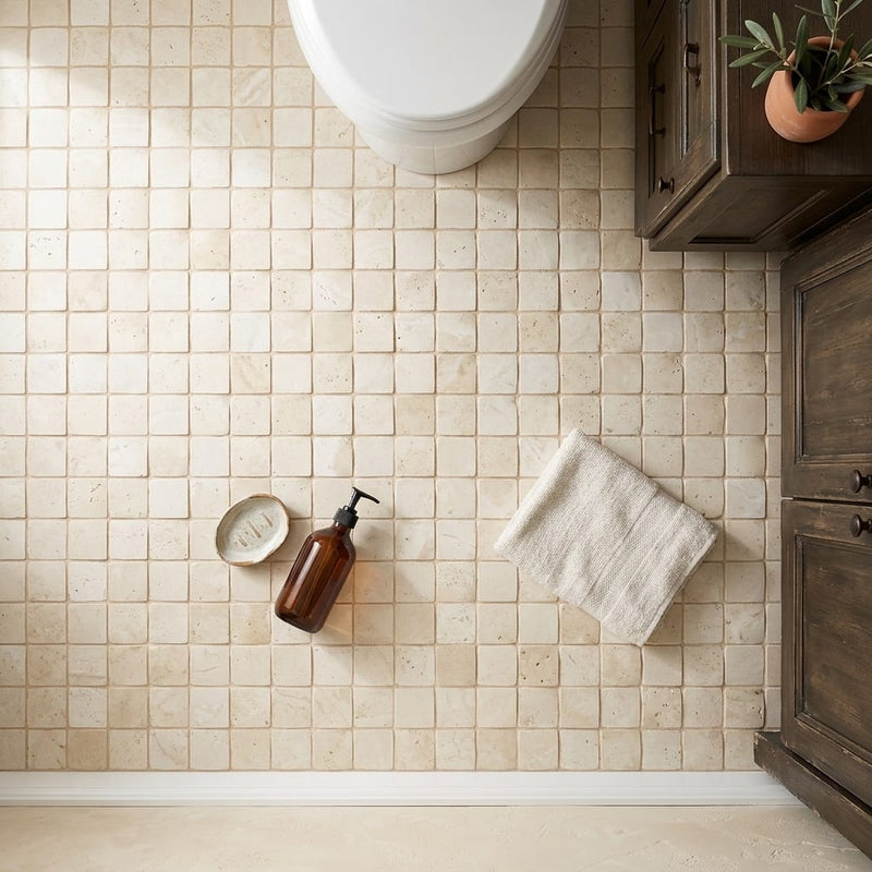 Ivory Cordoba Cream Travertine Wavy 2 x 2 Mosaic 2x2 — Bathroom floor