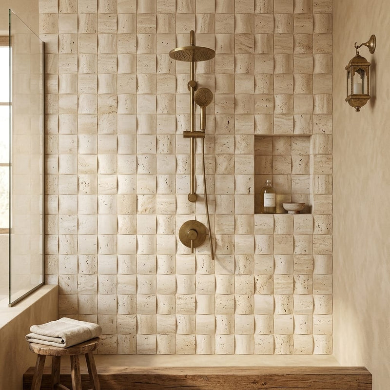 Ivory Cordoba Cream Travertine Wavy 2 x 2 Mosaic 2x2 — Bathroom shower wall