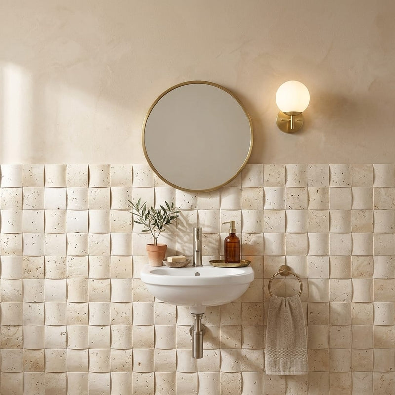 Ivory Cordoba Cream Travertine Wavy 2 x 2 Mosaic 2x2 — Powder Room wall