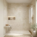 Ivory Cross-Cut 18x36 Honed Travertine Tile — Bathroom shower wall