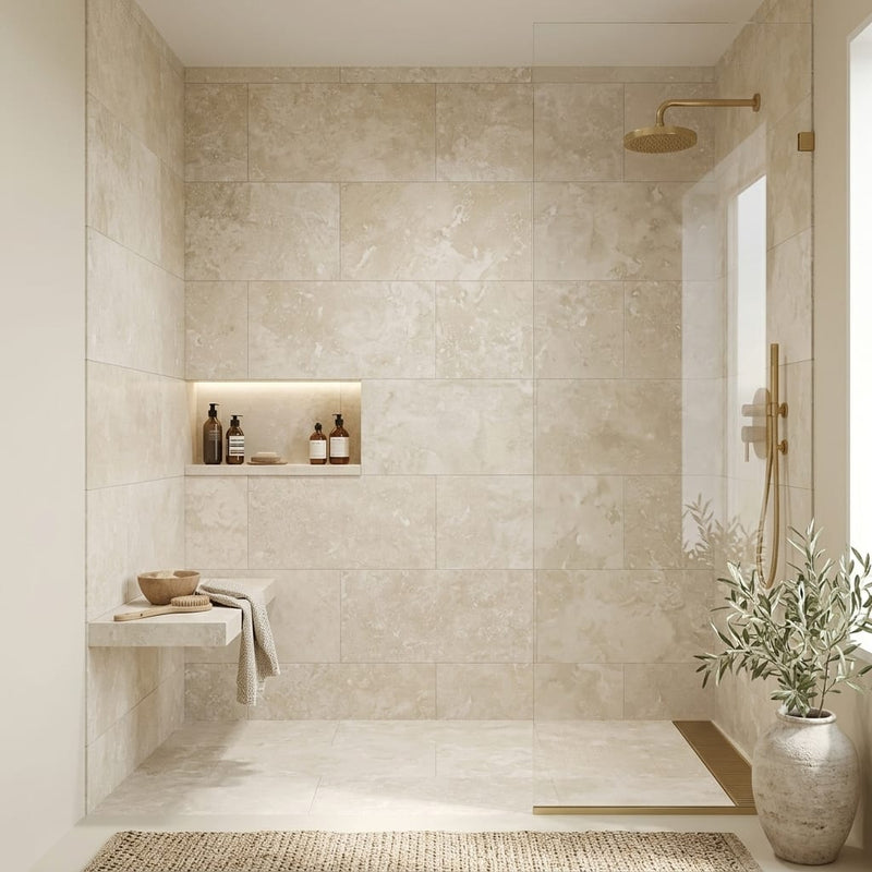 Ivory Cross-Cut 18x36 Honed Travertine Tile — Bathroom shower wall