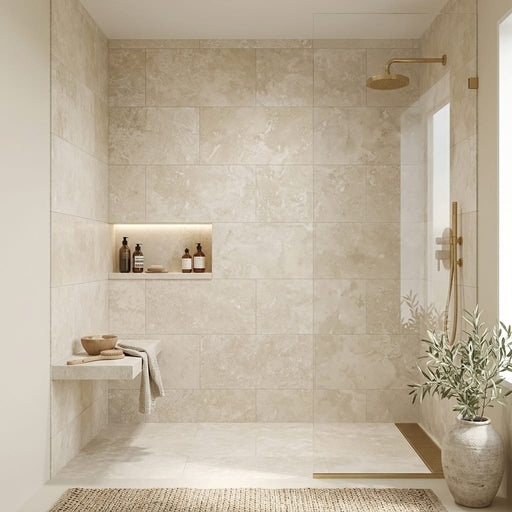 Ivory Cross-Cut 18x36 Honed Travertine Tile — Bathroom shower wall