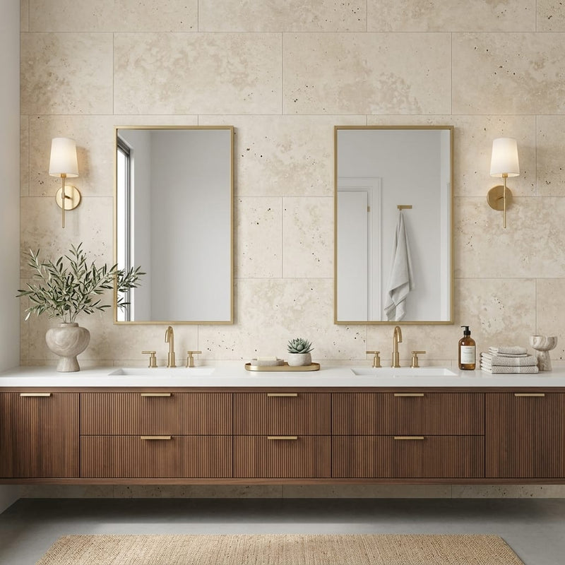 Ivory Cross-Cut 18x36 Honed Travertine Tile — Bathroom vanity wall
