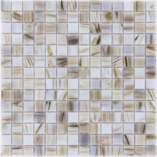 Ivory Iridescent glass mosaic with small square ivory pieces, shimmering blue and warm brown striations and a regular grid of narrow joints.